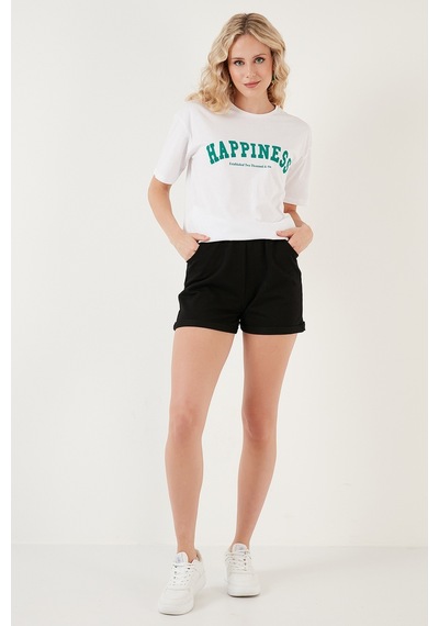 Lela Baskılı Pamuklu Oversize Bisiklet Yaka Bayan T Shirt 541Happiness Beyaz
