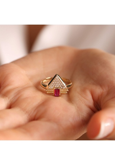 14 Ayar Altın Ruby Yüzük Özel Tasarım Triangle T11010 Renkli