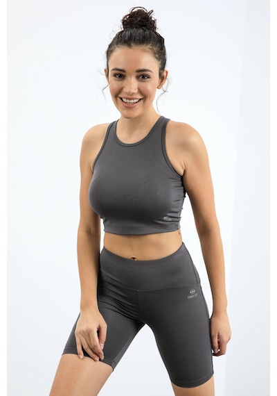 Tommylife Koyu Gri Yüksek Bel Toparlayıcı Dar Kalıp Crop Biker Kadın Tayt Takım - 95302