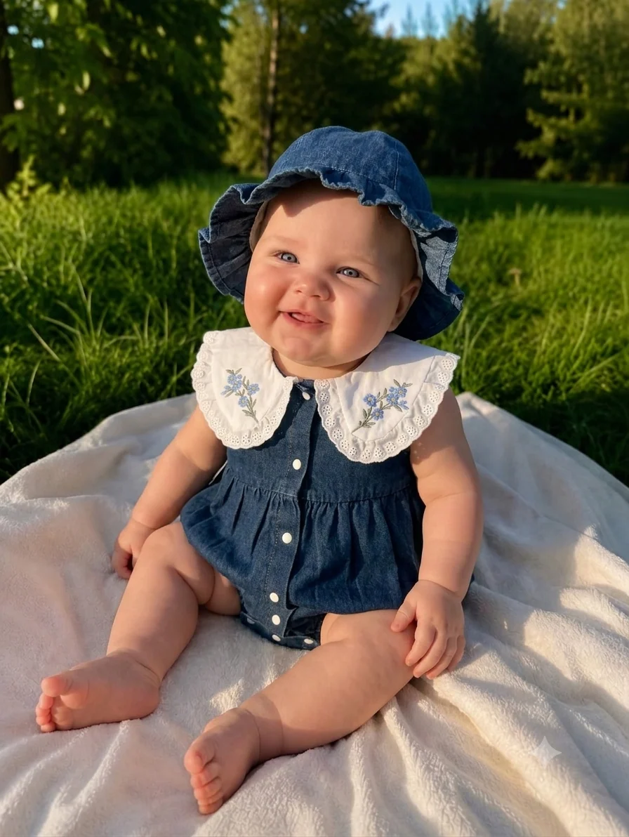 Momercy Vintage Yaka Nakışlı Dantelli Kız Bebek Kot Romper Tulum Ve Şapka Kot Rengi