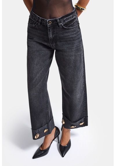 Kadın Koyu Füme 2w6-1 Relaxed Fit Aksesuar Detaylı Özel Tasarım Denim Jean