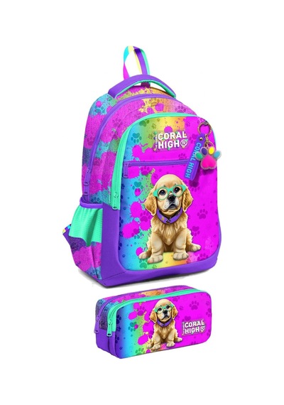 Coral High İlkokul Sırt Çantası ve Kalemlik Seti - Kız Çocuk - Mor Pembe Köpek