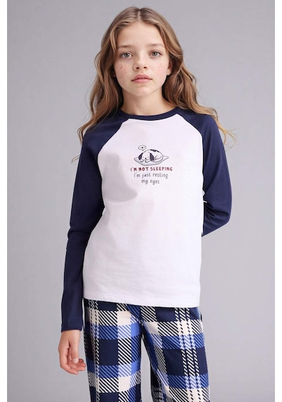 Defacto Kız Çocuk Pijama Takımı Baskılı Uzun Kollu Üst Kareli Uzun Alt F7288a825auwt79 Beyaz-wt79