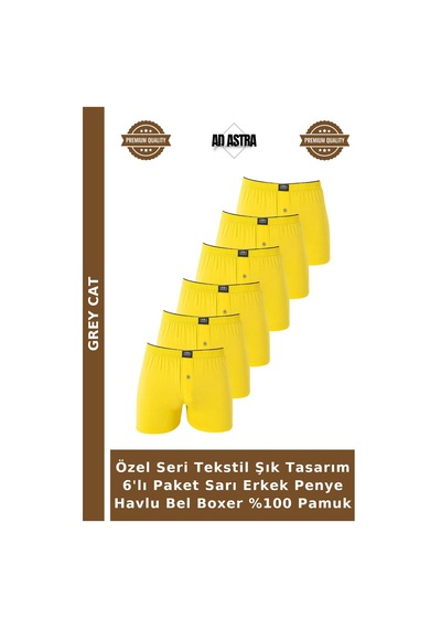 Grey Cat Özel Seri Tekstil Şık Tasarım 6'lı Paket Sarı Erkek Penye Havlu Bel Boxer %100 Pamuk