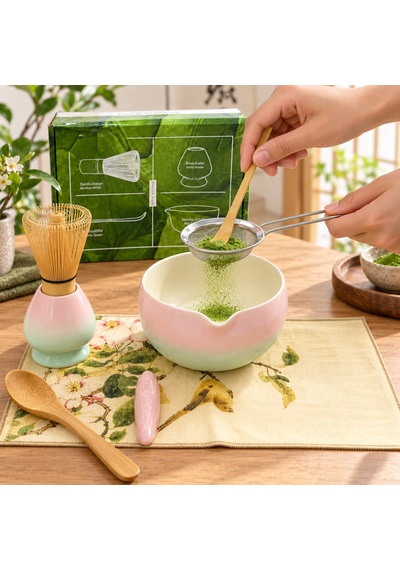 Herbarius 8 Parça Pastel Pembe Mint Geçişli Parlak Beyaz Renk Matcha Çayı Hazırlama Seti - Geleneksel Japon Matcha Seti Pastel Pembe Mint Geçişli Beyaz