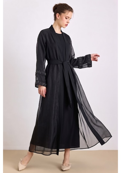 Olcay Kolları Taş Detaylı Organze Abaya Takım Siyah 9449-tk