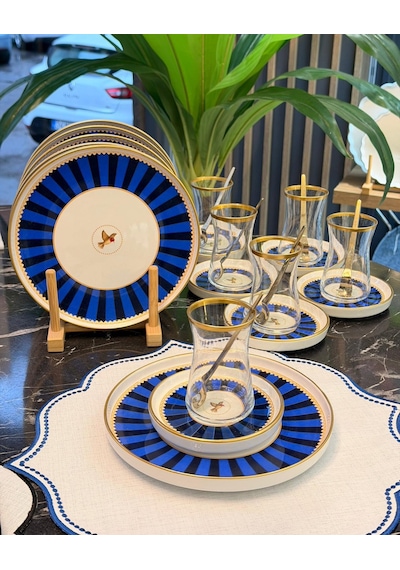 18 Parça Modern Piano Blue Bird Pasta Çay Saati Seti-5548 Lacivert