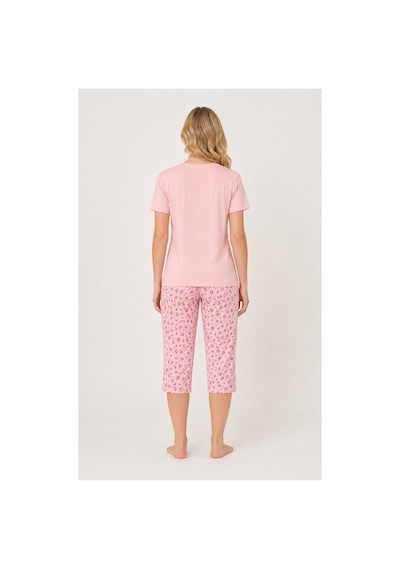 Pijamask Kadın Pembe Gül Baskılı Kısa Kollu Çiçek Desenli Kapri Pijama Takımı P100-839 Pembe