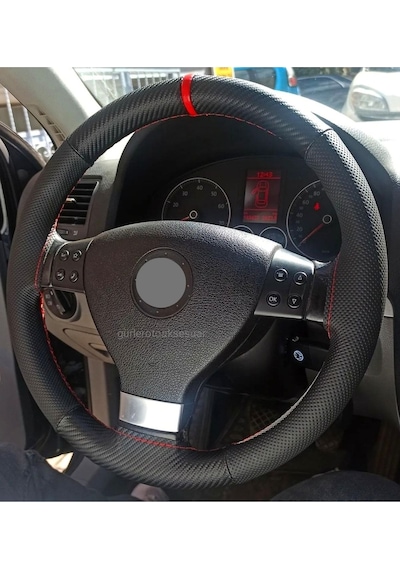 Vw Polo Uyumlu Dikmeli Direksiyon Kılıfı Karbon Delikli Kırmızı Yüzüklü