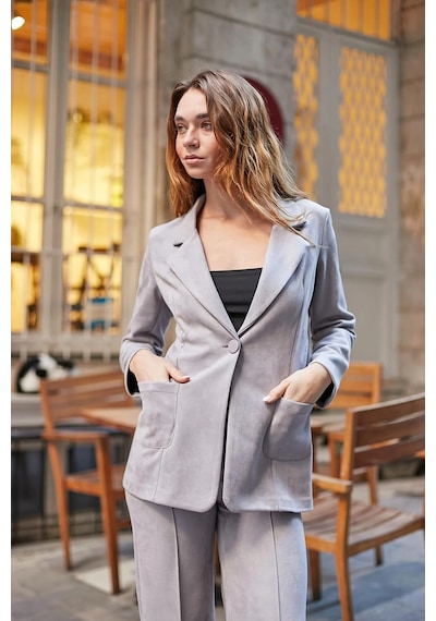 Süet Hafif Likralı Kumaş Cep Detaylı Düğmeli Şık Blazer Ceket-açık Gri A.gri