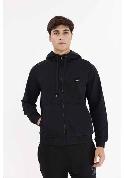 Rowinger Raglan Kol Tam Fermuarlı Kordonlu Kapüşon Kanguru Cepli Süper Koton Rahat Kalıp Kapüşonlu Sweatshirt Black