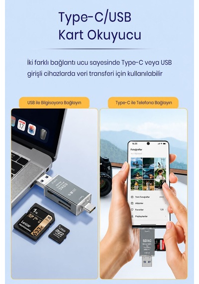 Usb 3.0 Type-c Sd Tf Microsd Kart Okuyucu Otg Adaptör, Çift Girişli Hafıza Kart Reader, Telefon Tablet Pc Laptop Kamera Drone Uyumlu, Alüminyum Gövde, Tak Çalıştır D498