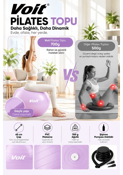 65 cm Pilates Topu Pompa Dahil Fitness ve Denge Egzersiz Topu Lila