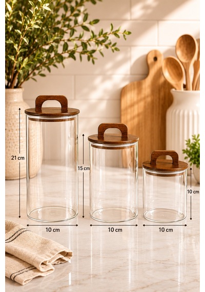 Aria - 3'lü Borosilikat Bambu Kapaklı 1300 - 900 -600 Ml Kavanoz Takımı Düz Kahverengi