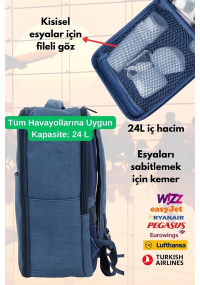 Jet Turtle Seyahat Sırt Çantası 40cm 40x25x15 Cm Pegasus, Wizz Air, Ryanair, El Valizi Koltuk Altı Valizi Mavi Kanvas