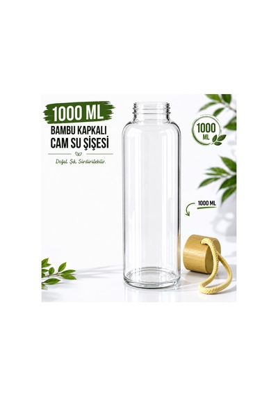 1000 Ml Bambu Kapaklı Cam Su Şişesi Taşıma Askılı Şık Ve Dayanıklı Cam Matara