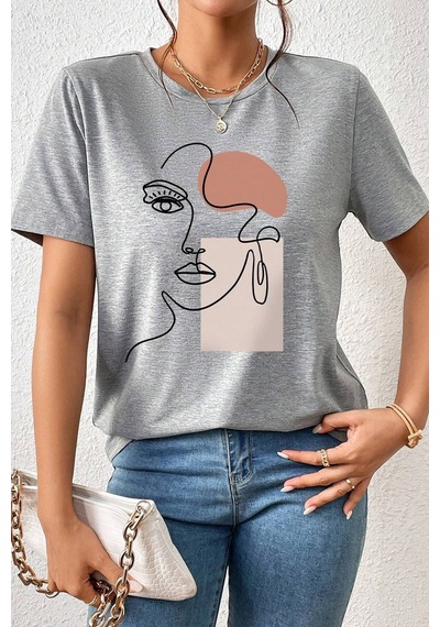 Unisex Make Up Siluet Baskılı Tasarım Tshirt Gri