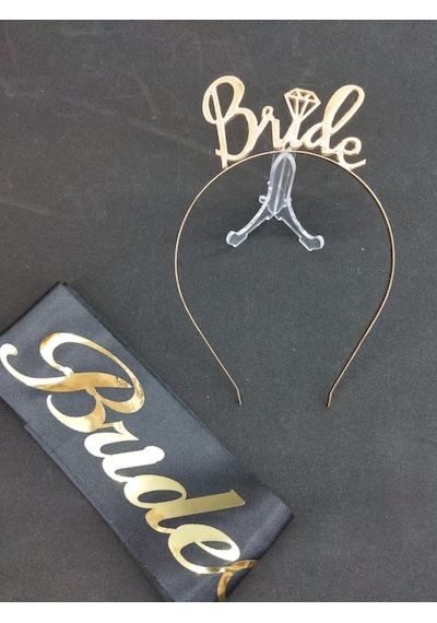 Gold Renk Taç Ve Siyah Kuşak Bride Seti
