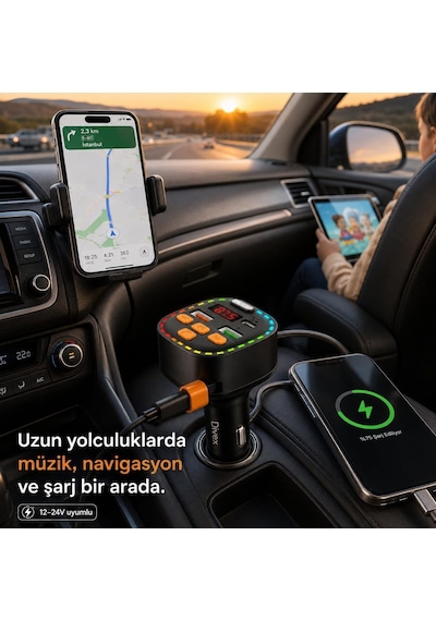 Bluetooth 5.3 Fm Transmitter, Dahili Type-c Kablolu Çift Usb 3.1a Araç Şarjı, Eller Serbest Görüşme, Mp3/wma/flac