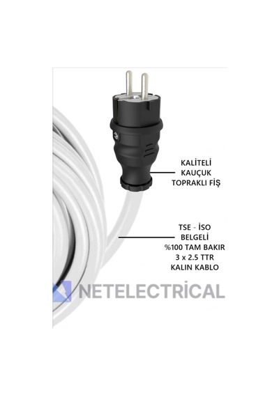 Kauçuk Tekli Seyyar Uzatma Kablosu - 3x2.5 Ttr Kalın Beyaz Kablo - 50 Metre 50 Metre