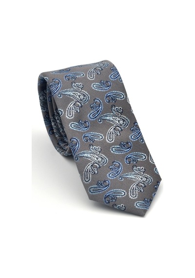 Gaffy Mavi Şal Desenli Gri Dokuma Kumaş Mendilli Slim Fit Kravat // Sdk-2507-4 Gri