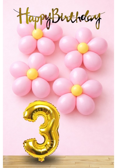 3 Yaş Pembe Sarı Papatya Temalı Gold Rakam Gold Happy Birthday Banner Doğum Günü Süsleme Altın - Pembe