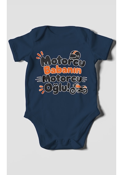Morivokids Motorcu Babanın Motorcu Oğlu Kısa Kollu Bebek Body %100 Pamuk Lacivert