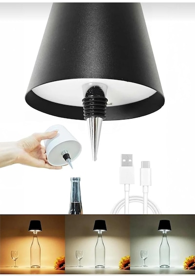 Ayrex Dokunmatik 3 Renk Usb Şarjlı Şişe Üstü Led Gece Lambası Masa Lambası Ambiyans Siyah Diğer
