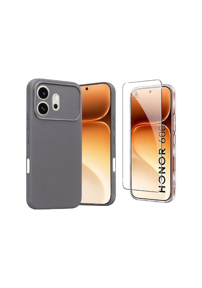 Honor 600 İle  Kılıf Esnek Premium Telefon Kılıfı Ve Temperli Cam Ekran Koruyucu Gri