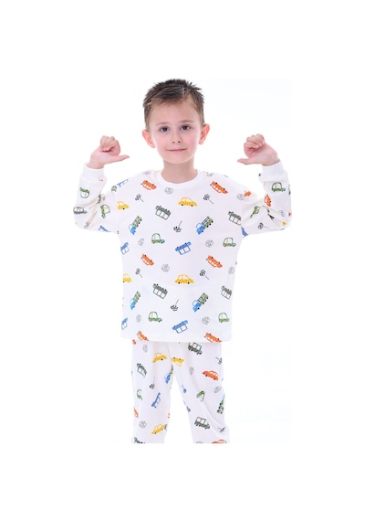 Zuzunga Renkli Araba Desenli Erkek Pijama Takımı Ekru