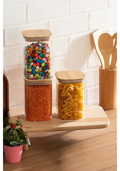 Porsima 6-3 Bambu Vakumlu Kapaklı Kare Borsilikat Cam 3lü Kavanoz Seti Saklama Kabı 1250ml 9,5x15cm Ahşap - Şeffaf