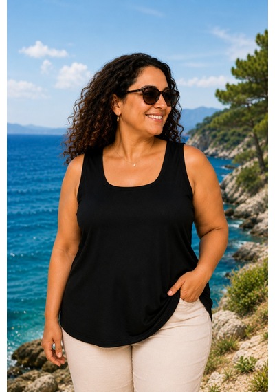 Gülmina Moda Kadın Kare Yaka Büyük Beden Biyeli Atlet - Siyah