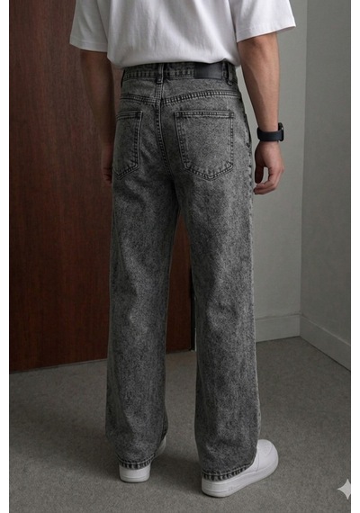 Tarz Cool Erkek Bol Paça Jean Pantolon Rahat Kesim Denim Füme