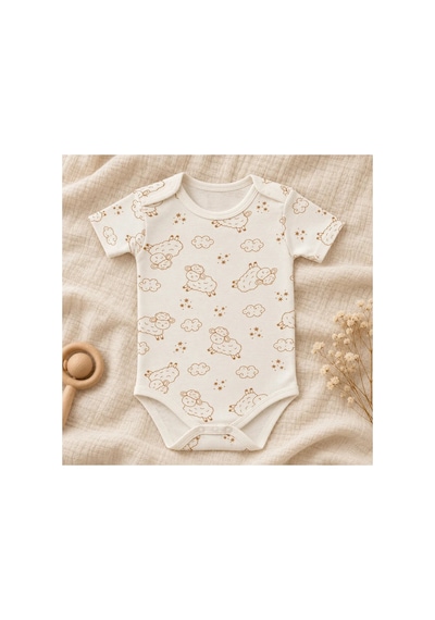 Cantaz Unisex Bebek Kuzu Desenli %100 Pamuk Kısa Kollu Çıtçıtlı Body Zıbın Krem