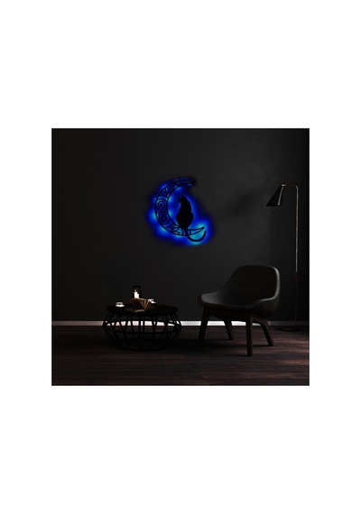 Led Işıklı Aydaki Kedi Figürlü Tablo Duvar Dekorlu Gece Lambası Mavi - 745710359 Mavi