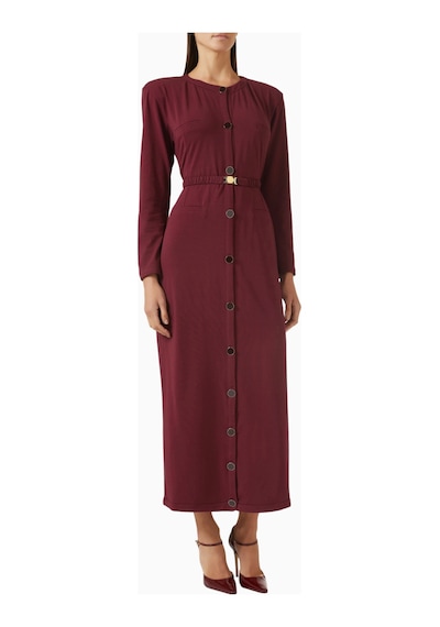 Rowen Rose Belted Cardigan Dress, Lüks Örgü Kumaşlı Kuşaklı Şık Triko Elbise Abiye Bordo 42