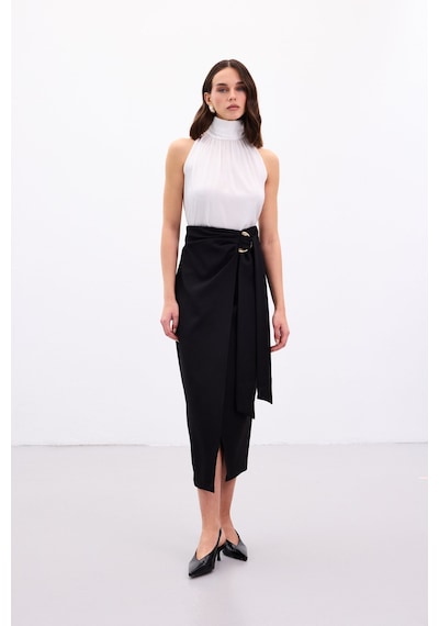 Sateen Aksesuar Kuşaklı Yırtmaçlı Etek - Siyah-136888 Siyah