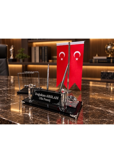 Velora 3 Parça Kristal Ofis Seti Kişiye Özel İsimlik Türk Bayraklı Siyah Newton Topu