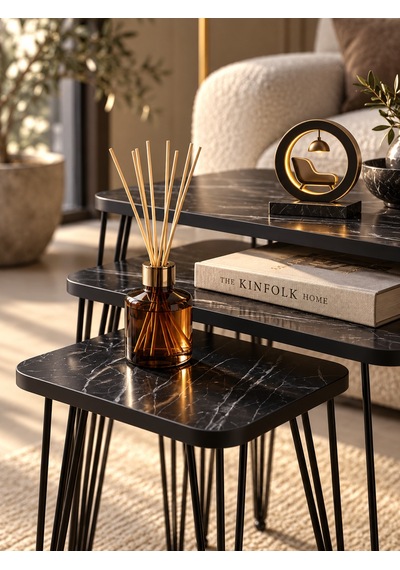 Odera Bendir Siyah Mermer Desenli Zigon Sehpa 3'lü Set Metal Tel Ayaklı Modern Retro Salon Sehpası Diğer