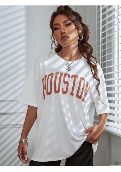 Startmore Kadın Beyaz Houston Baskılı Oversize T-shirt Beyaz