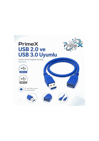 Primex Px-1705 5 Metre Usb 3.0 Uzatma Kablosu, Usb Erkek Dişi Ek Kablosu, Mavi Usb A Male To Female Extension Cable