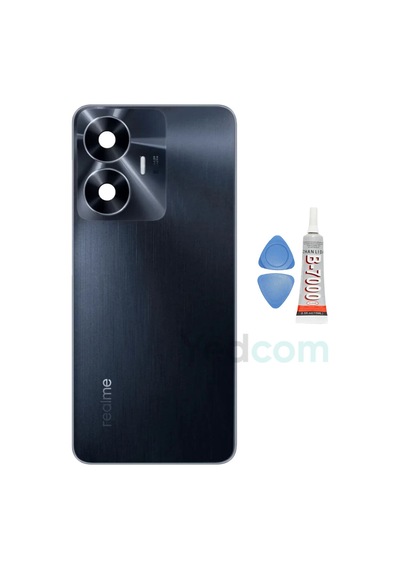 Oppo Realme C55 Siyah Kamera Camlı Arka Cam Batarya Pil Kapağı Telefon Arka Kapak
