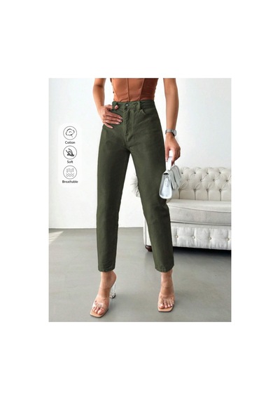 Kene Jeans Yüksek Bel Haki Keten Mom Pantolon Haki
