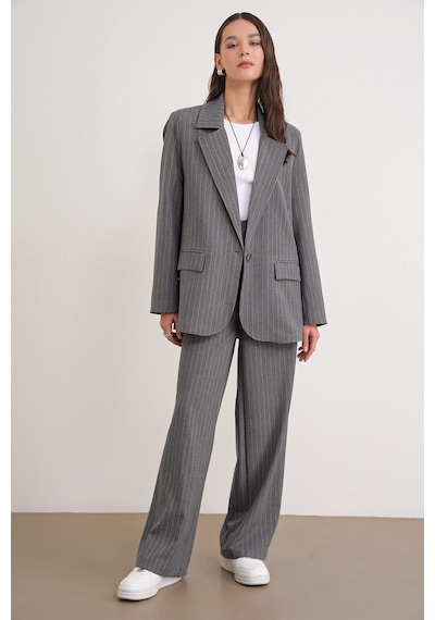 Mixray 4753 Kadın Çizgili Oversize Blazer Ceket Gri