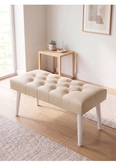 Modern Kapitoneli Krem Deri Kumaş Bench Puf Oturma Bankı Ahşap Beyaz Ayaklı Demonte 90x45
