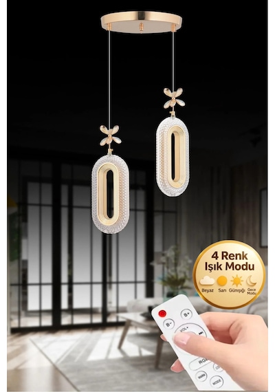 LumiaLighting Eclipse Model 2'li Gold Kumandalı 3 Renk Modu Ledli Kristal Taşlı Modern Salon Mutfak Oturma Odası Led Avize Altın