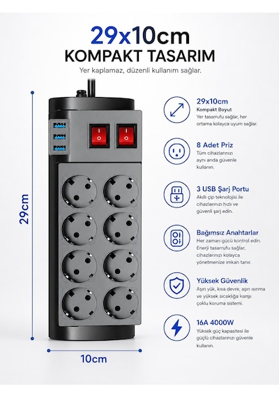Ftr-08 4000w 16a Akım Korumalı 2 Anahtarlı 8'li Priz, 3 Usb Portl
