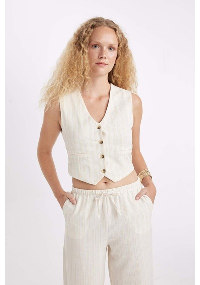 DeFacto Regular Fit V Yaka Keten Karışımlı Blazer Yelek D3474AX25SPER42 Ekru