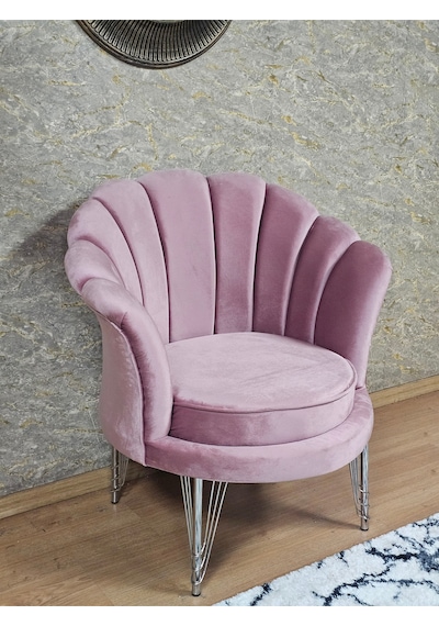 Zafir Tekli İstiridye Krom Kaplama Telli Ayak Çay Seti Koltuk Tekli Berjer , Balkon, Salon, Ofis Pembe