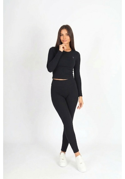 Kadın Uzun Kollu Baskılı Bisiklet Yaka Siyah Atlet Body Siyah